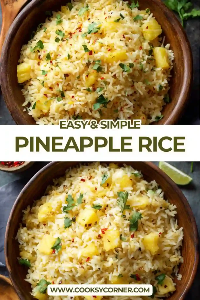 A bowl of fluffy pineapple rice made with jasmine rice, crushed pineapple, lime juice, and fresh cilantro. This sweet and savory pineapple rice recipe is served warm as a tropical side dish.