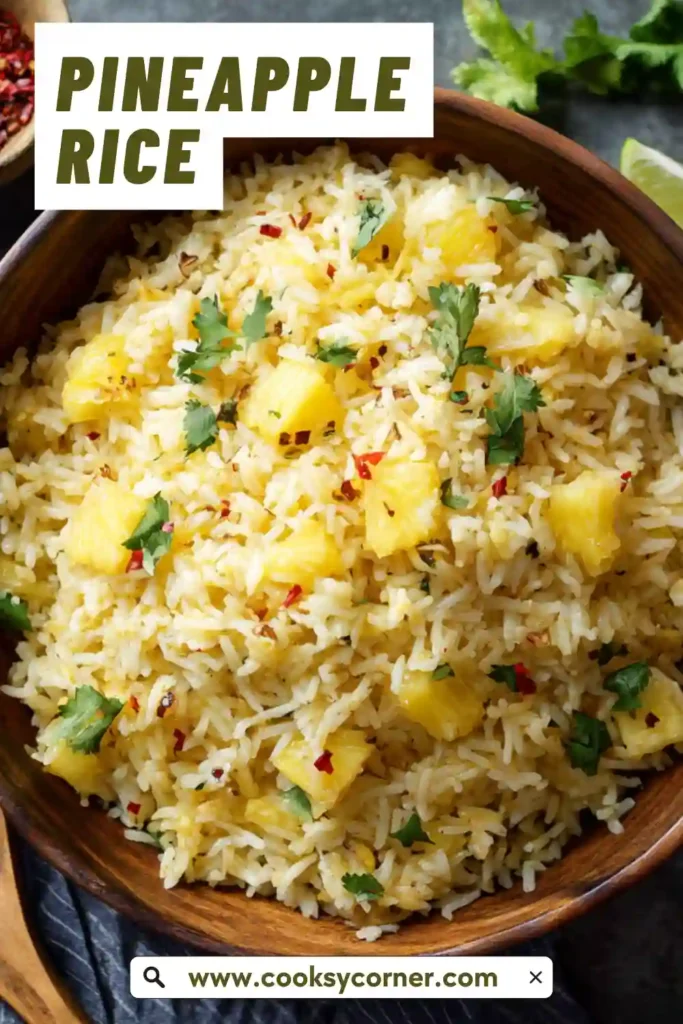 Close-up of pineapple jasmine rice garnished with chopped cilantro and red pepper flakes. The grains are tender and lightly golden from pineapple juice.