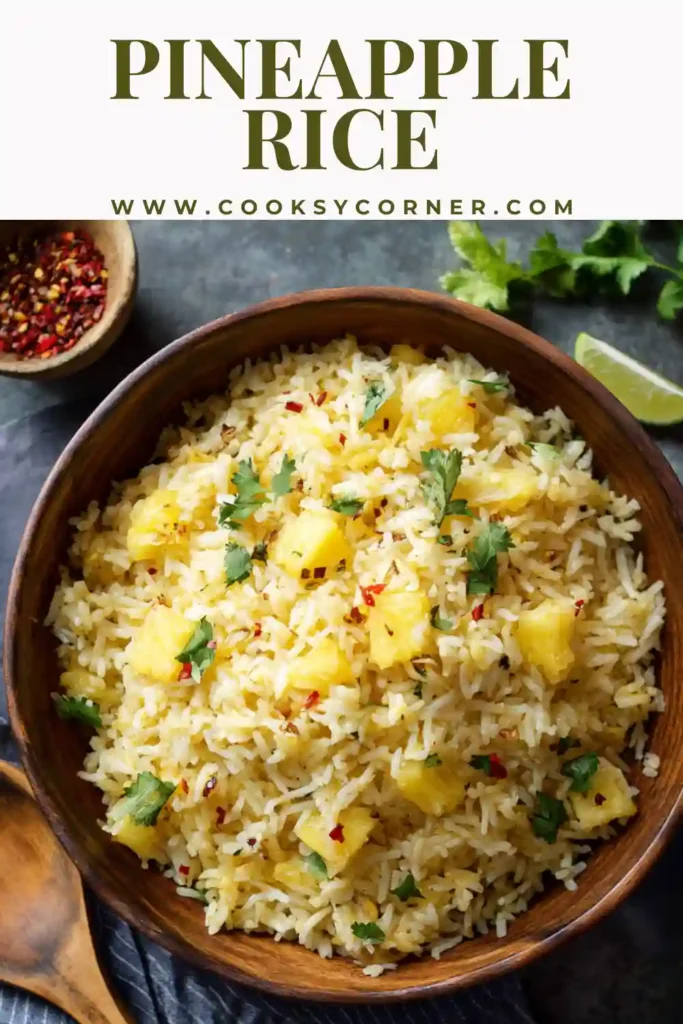 Tropical pineapple rice recipe in a white serving bowl with visible pineapple pieces and fresh herbs. The rice looks light, fluffy, and perfectly cooked.
