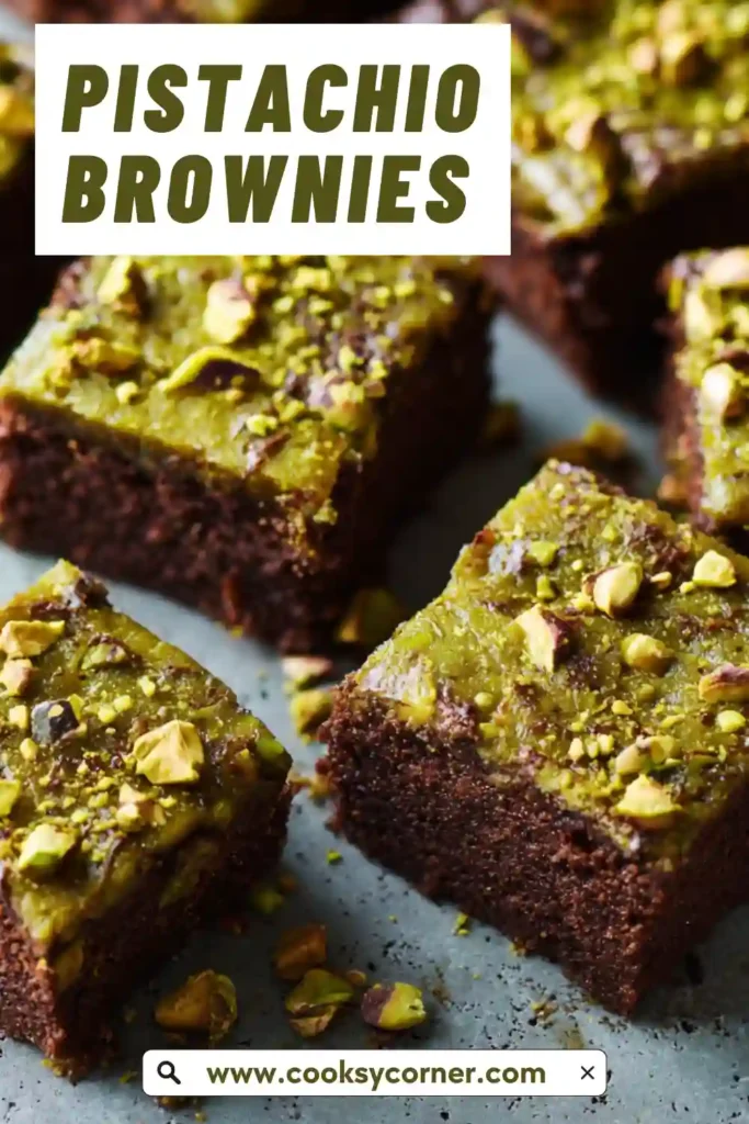 Pistachio Brownies topped with white chocolate pistachio ganache and chopped nuts.