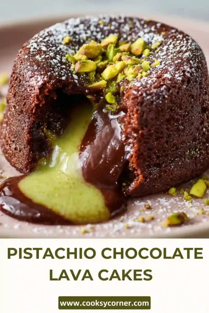 Individual chocolate lava cake dusted with cocoa and topped with chopped pistachios.