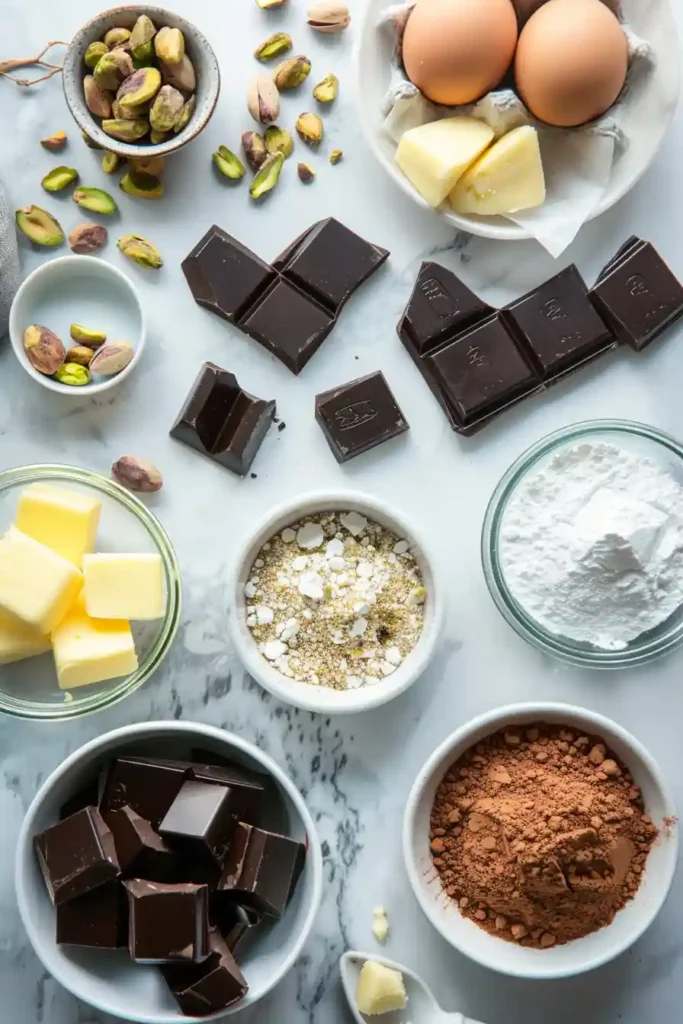 Molten pistachio chocolate dessert served warm with gooey center exposed.