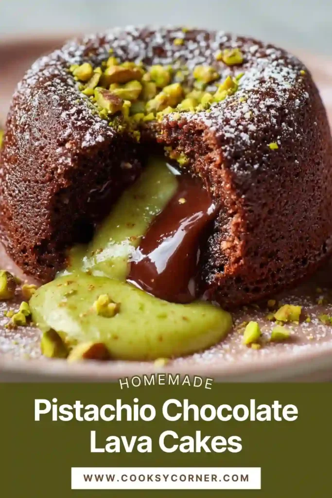 Dark chocolate lava cake with creamy pistachio filling melting from the middle.