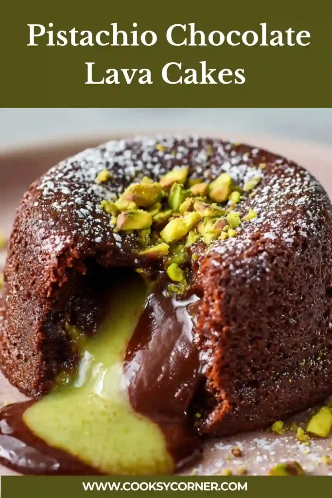 Pistachio Chocolate Lava Cakes cut open to reveal molten pistachio center flowing onto plate.