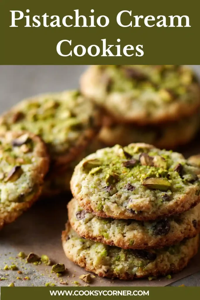 Bakery-style pistachio chocolate cookies with soft centers and golden edges cooling on a rack.