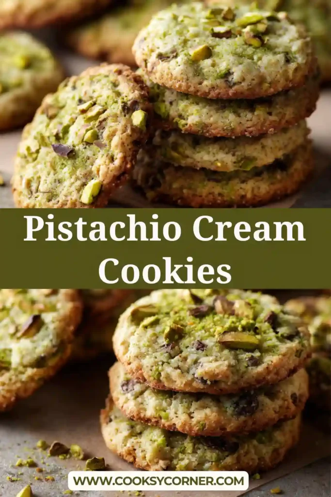Close-up of stuffed pistachio cookies topped with flaky salt and chocolate pieces on a parchment-lined tray.