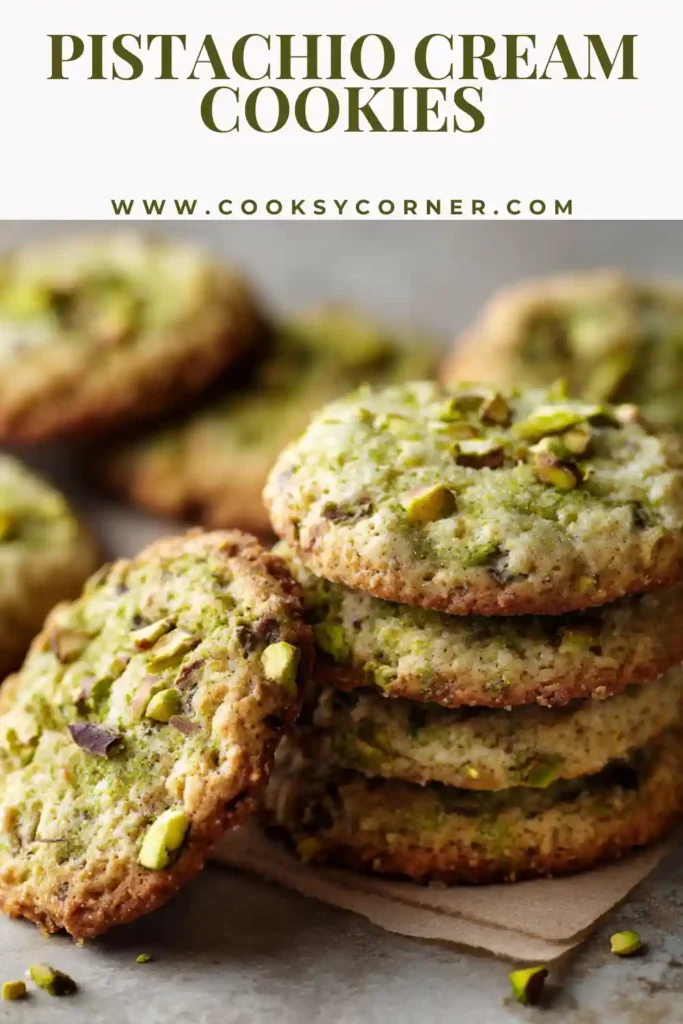 Pistachio Cream Cookies split open to reveal a gooey pistachio center with melted chocolate chunks and chopped pistachios.