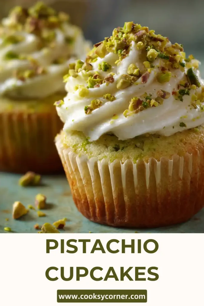 Homemade pistachio cupcakes in paper liners arranged on a cooling rack.