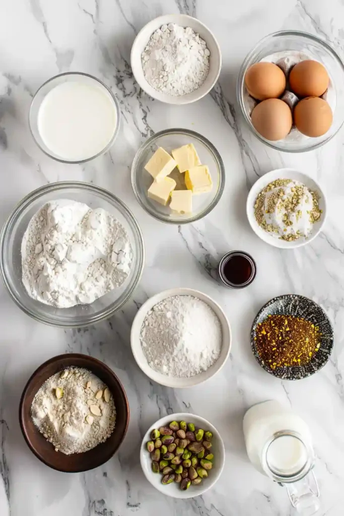 Pistachio cupcakes garnished with chopped roasted pistachios and frosting swirl.