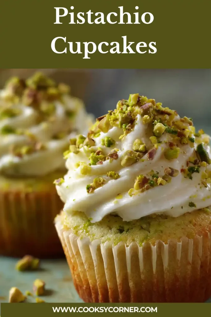 Pistachio cupcakes topped with vanilla buttercream and crushed pistachios on a serving tray.