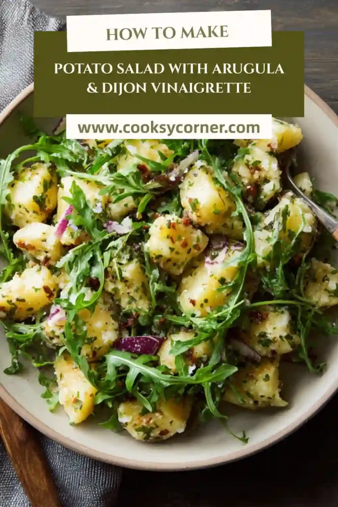 Close-up of arugula potato salad with red onions and chives coated in Dijon dressing.