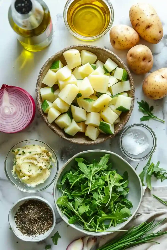 Healthy no mayo potato salad with fresh greens and olive oil vinaigrette.