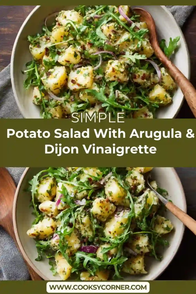 Warm potato salad with arugula and Dijon vinaigrette served in a white bowl with fresh herbs on top.