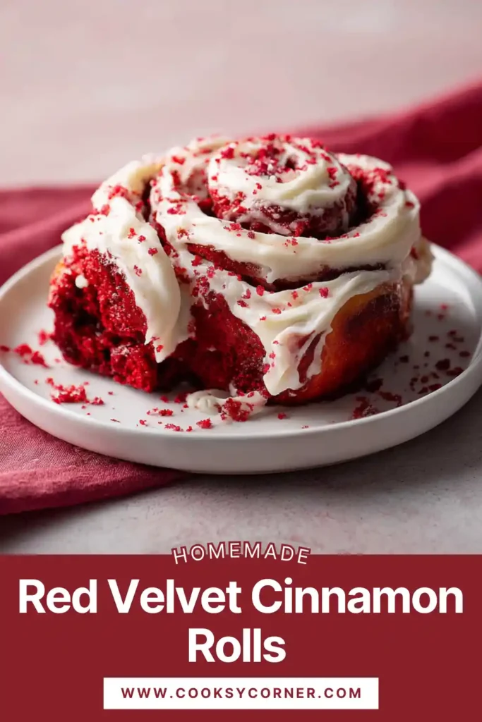 Soft red velvet cinnamon rolls baked in a 9x13 pan topped with creamy white cream cheese frosting melting into the swirls. The vibrant red interior contrasts beautifully with the rich frosting.