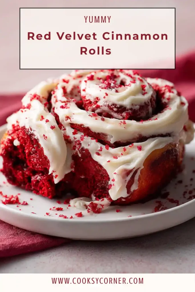 Freshly baked red velvet cinnamon rolls with cream cheese frosting spread generously over warm rolls in a baking dish.