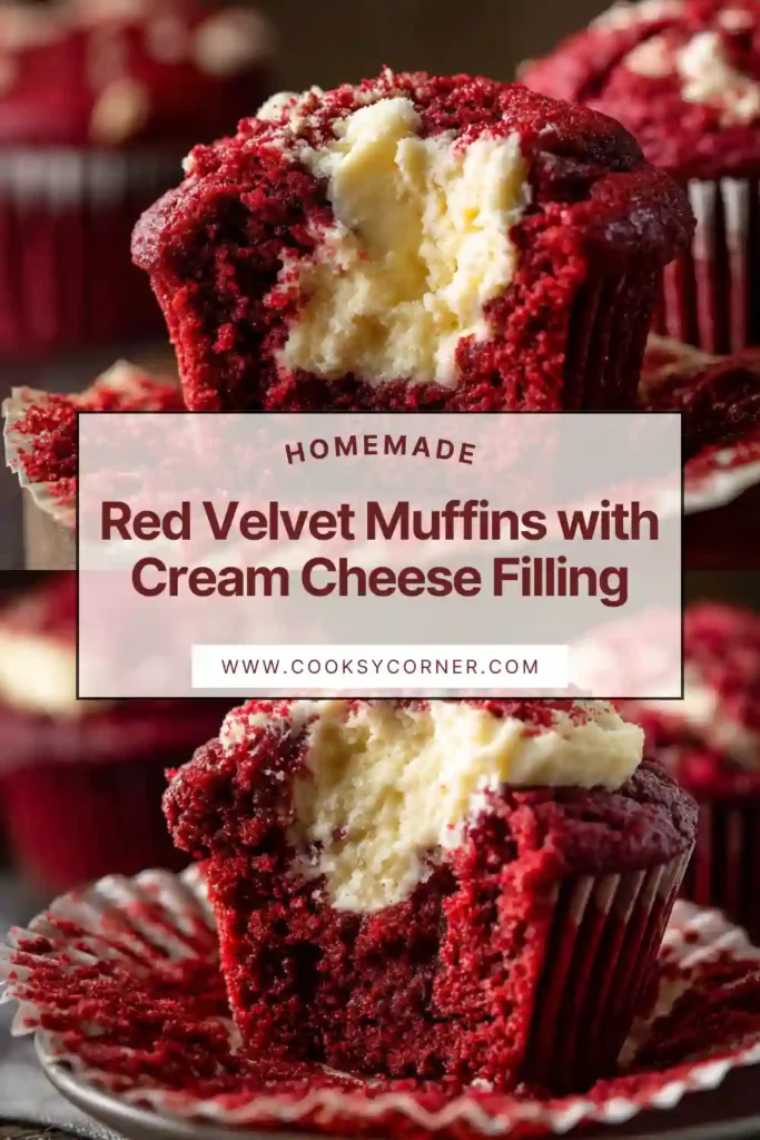 Close-up of moist red velvet muffin with cream cheese filling and buttery crumb topping.