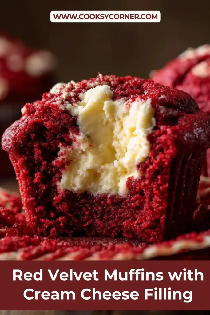 Red Velvet Muffins with Cream Cheese Filling showing creamy white center and crumb topping on a cooling rack.