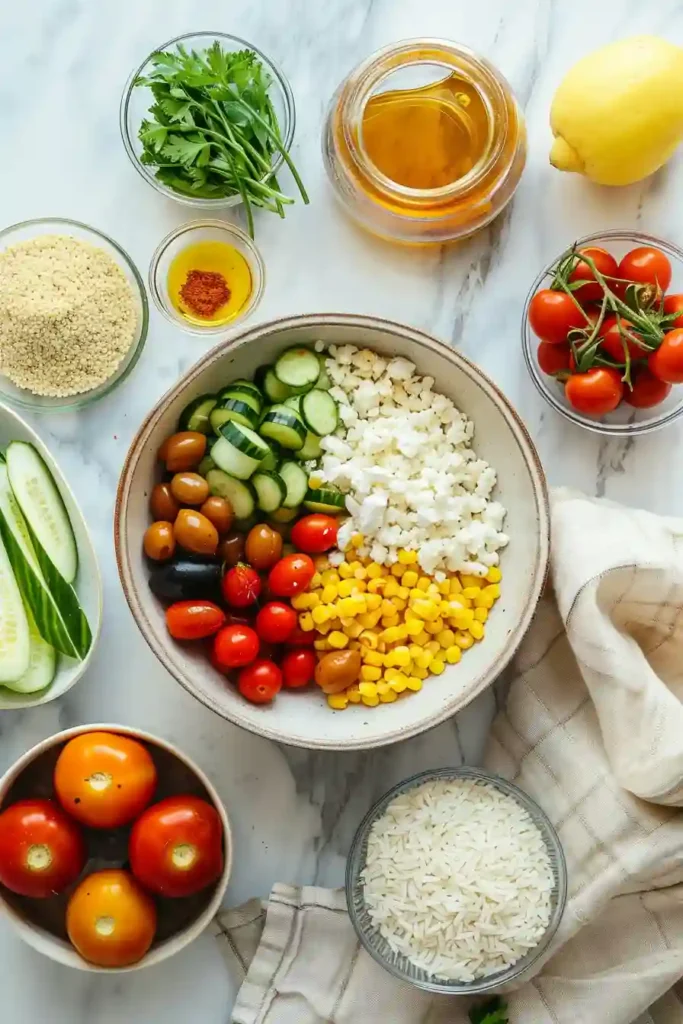 Fresh whole grain Rice Salad served in a white bowl with lemon wedges on the side.