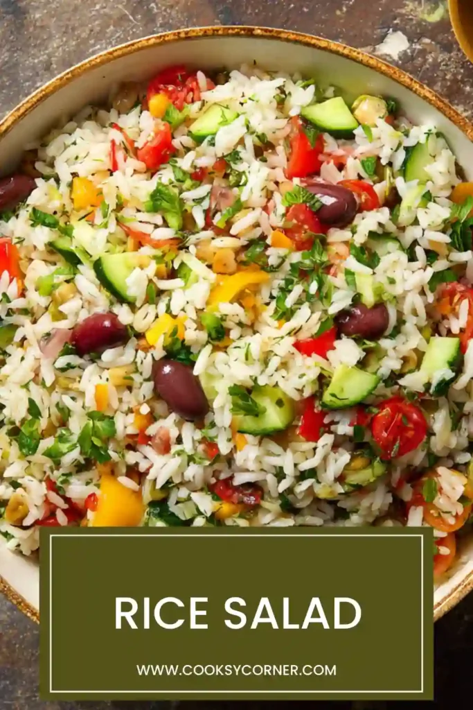 Close-up of Mediterranean rice salad with lemon dressing and colorful vegetables. Fresh and vibrant presentation.