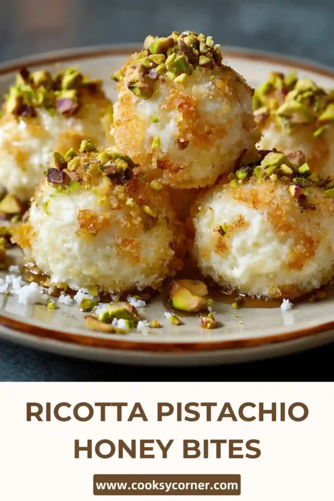 Golden brown ricotta honey bites with crunchy pistachio topping on parchment paper.