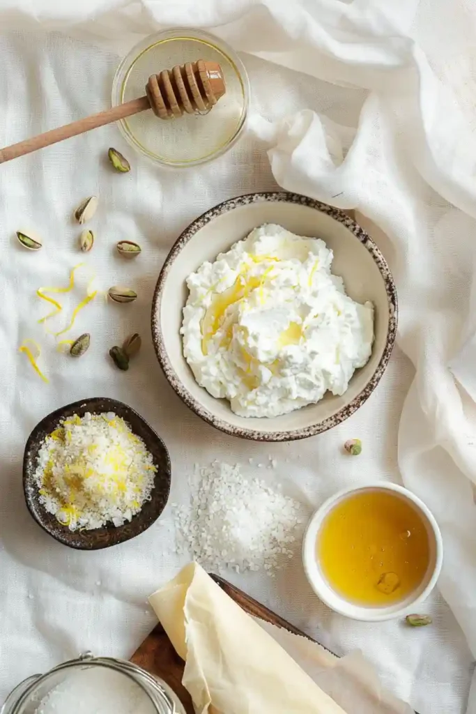 Mediterranean style ricotta pistachio dessert bites served with a drizzle of honey.