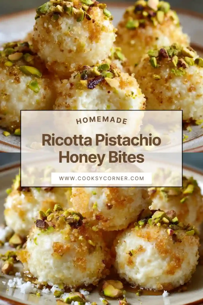 Close up of flaky pastry bites filled with creamy ricotta and pistachios, glazed with warm honey.