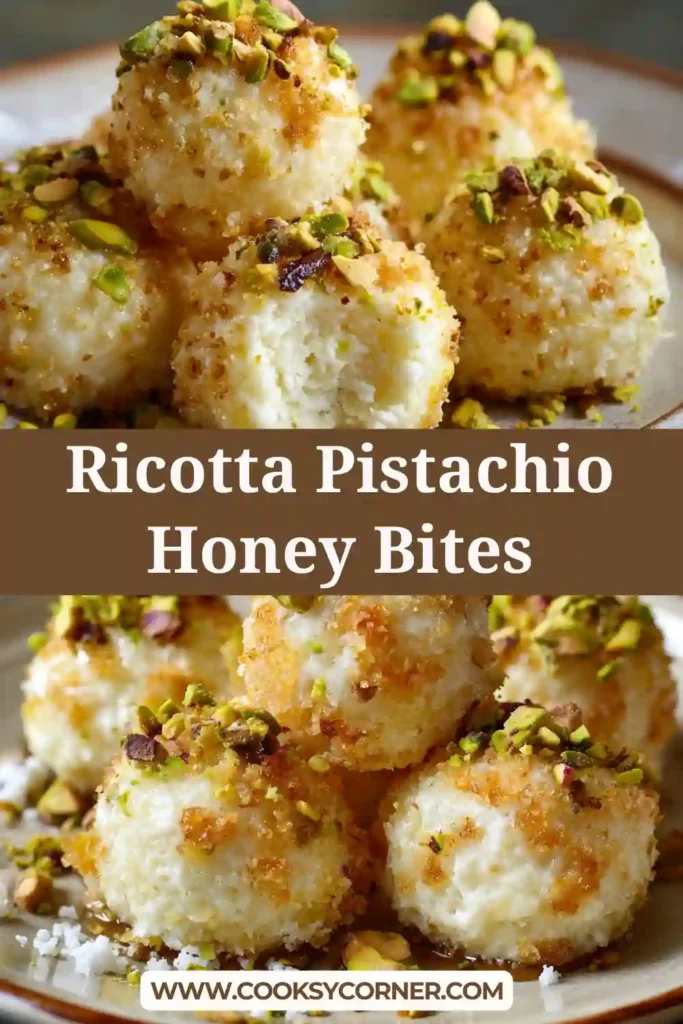 Ricotta Pistachio Honey Bites arranged on a plate, drizzled with honey and topped with chopped pistachios.