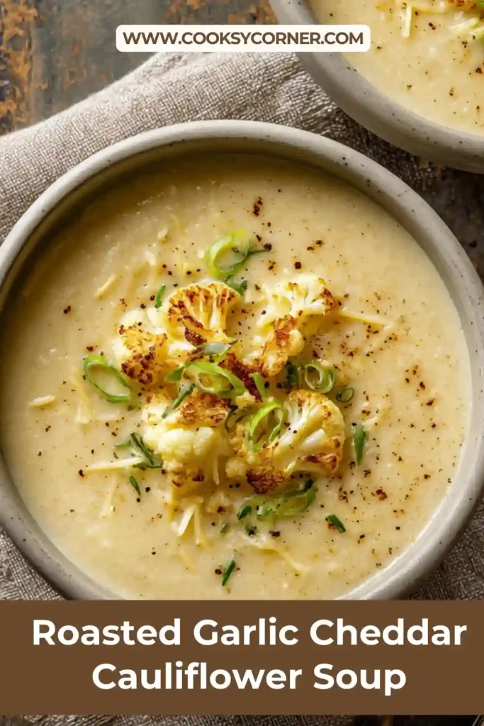 Roasted Garlic Cheddar Cauliflower Soup served with toasted sourdough bread. The thick and creamy soup is garnished with herbs.