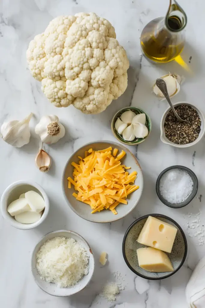 A warm bowl of cauliflower cheddar soup with roasted garlic blended into a smooth base. Perfect comfort food for cooler weather.