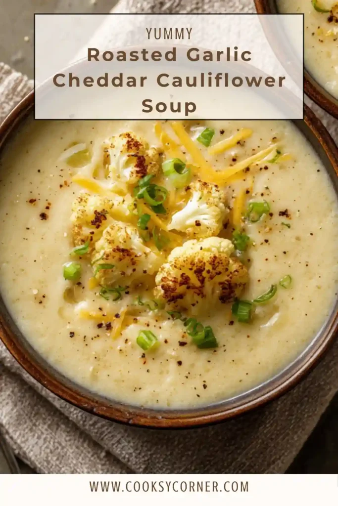 Close-up of creamy roasted cauliflower cheddar soup with melted cheese on top. The soup has a velvety texture and golden color.