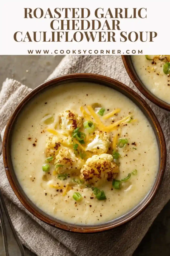 A bowl of Roasted Garlic Cheddar Cauliflower Soup topped with green onions and shredded cheddar. The creamy cauliflower soup looks smooth and rich.