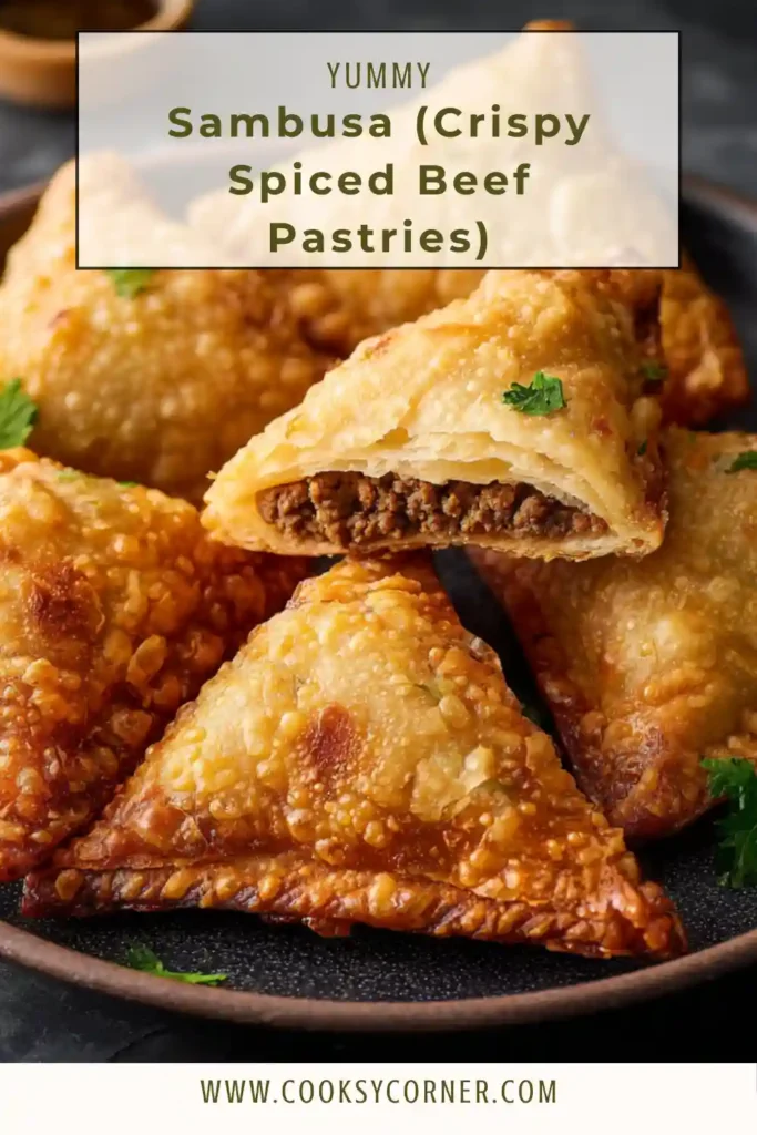 Crispy beef sambusa fried until golden brown.