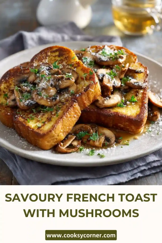 Close-up of cheesy French toast with sautéed mushrooms and herbs.