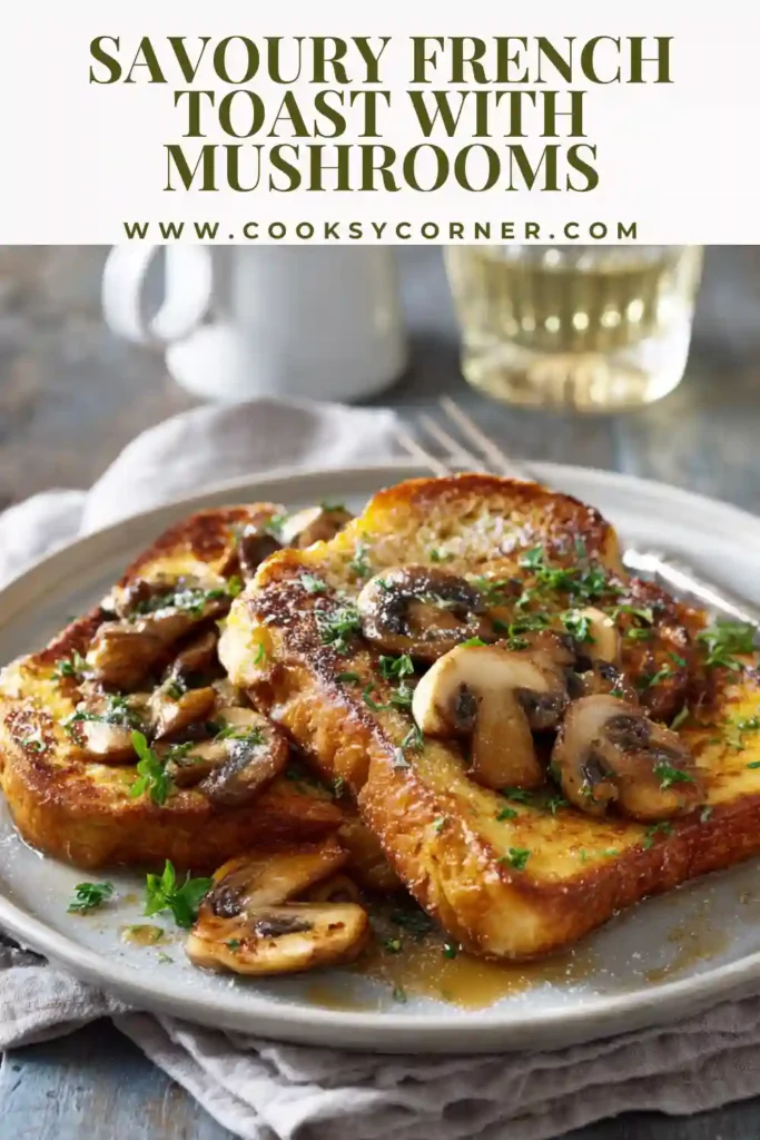 Golden brown savory French toast with crispy Parmesan crust and mushroom topping.