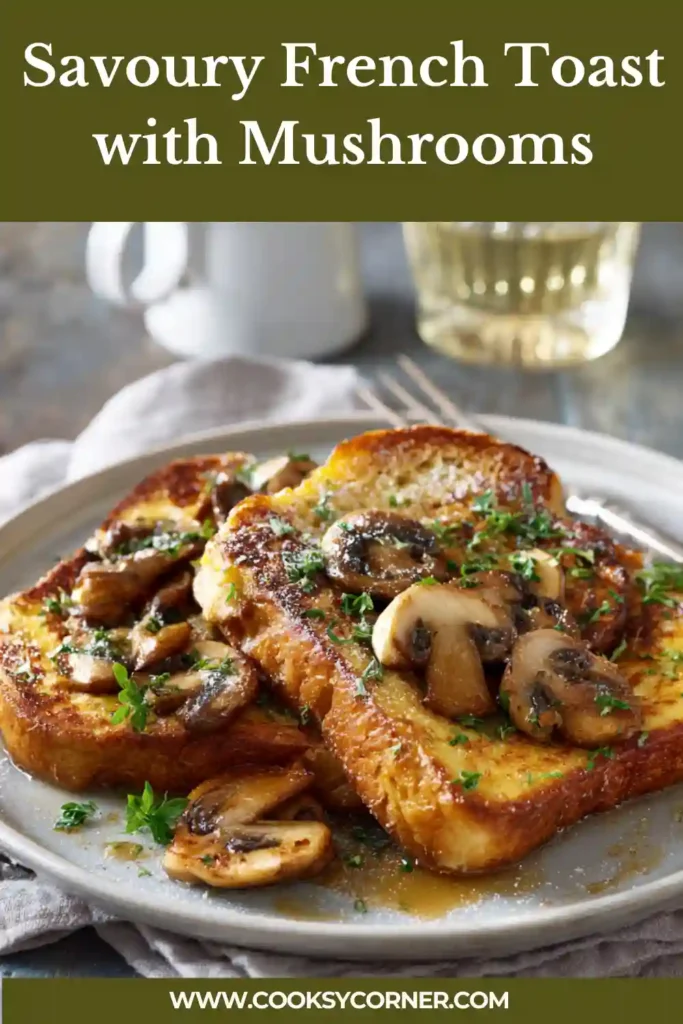 Savoury French Toast with Mushrooms topped with sautéed mushrooms and chopped chives.