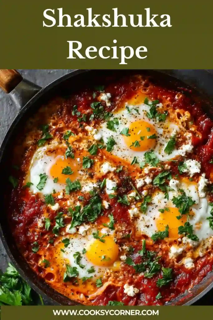 Classic shakshuka recipe served in a pan with eggs and cilantro garnish.