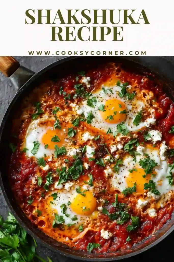 One-pan shakshuka with runny egg yolks, tomatoes, peppers, and herbs.