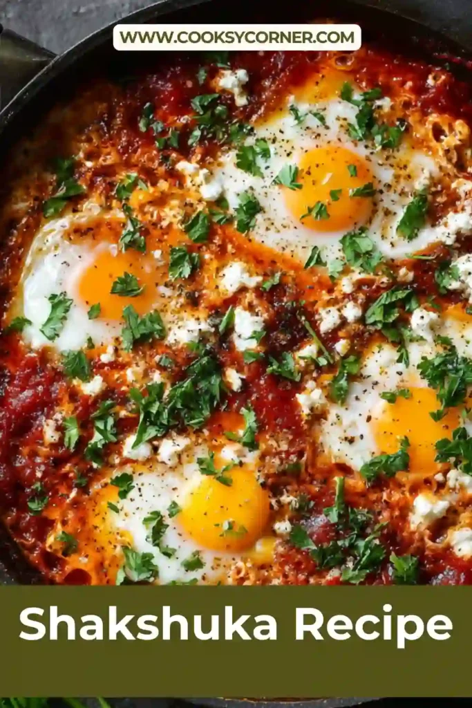 Shakshuka cooked in a skillet with eggs poached in spiced tomato sauce and fresh herbs.