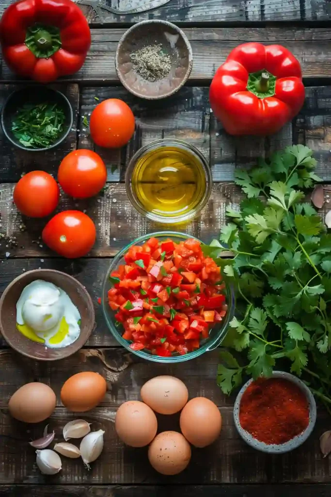 Shakshuka with eggs simmered in tomato sauce, garnished with parsley.