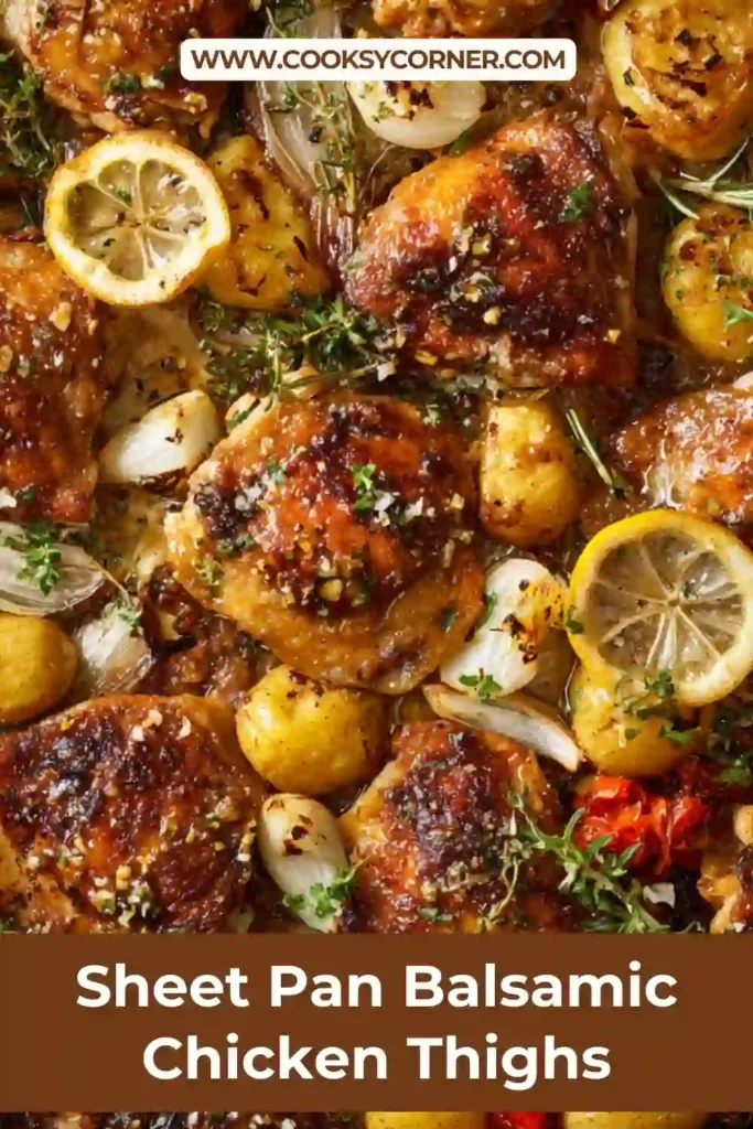 One-pan balsamic chicken thighs topped with feta and tzatziki.