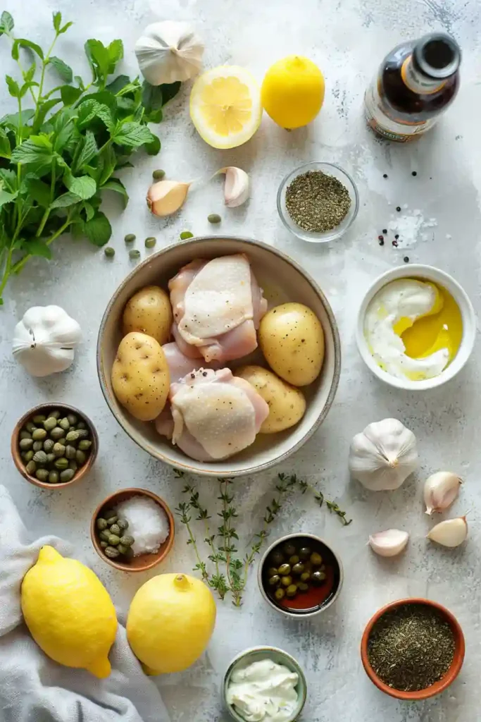 Mediterranean-style sheet pan chicken thighs with lemon and capers.