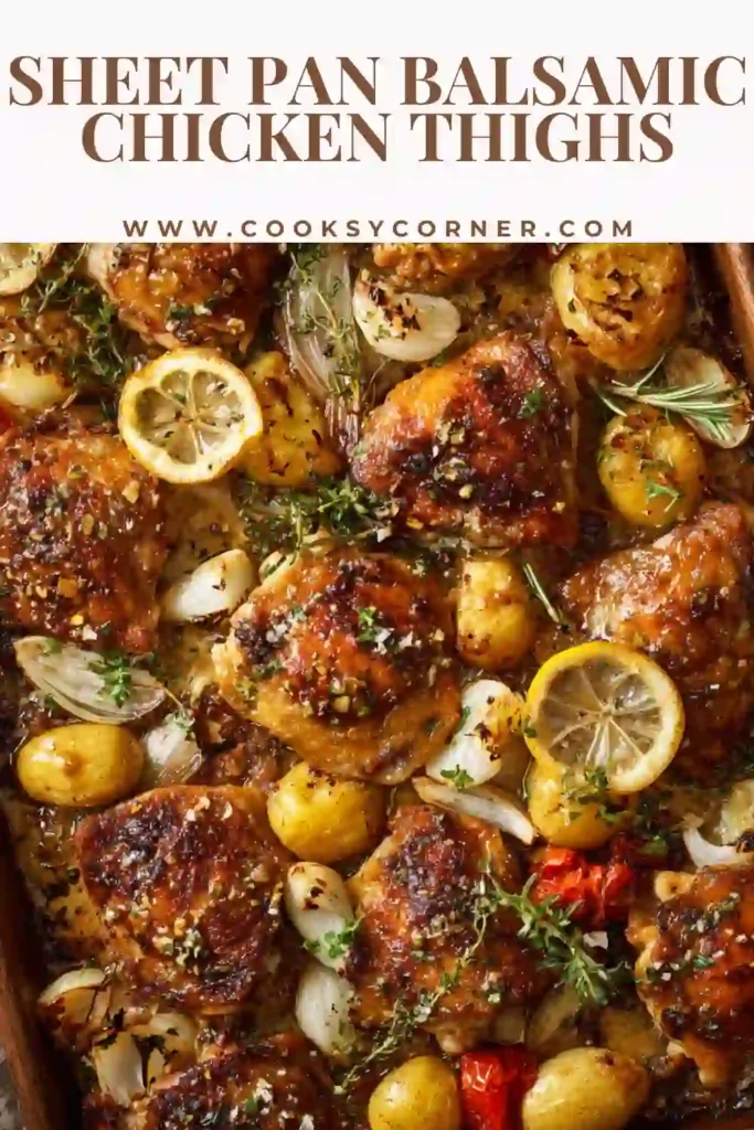 Balsamic chicken thighs baked on a sheet pan with potatoes and herbs.