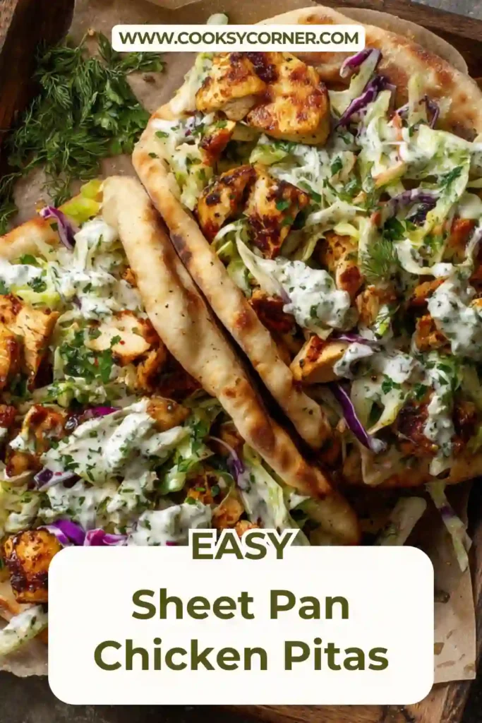 Homemade Sheet Pan Chicken Pitas served on a plate with avocado and fresh herbs.