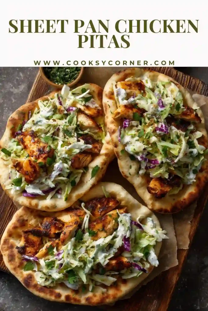 Close-up of chicken pita stuffed with smoky baked chicken and herby ranch slaw. Fresh and vibrant colors.