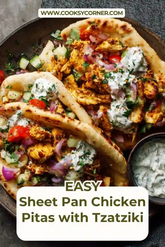 Sheet pan chicken pitas with tzatziki and roasted peppers.