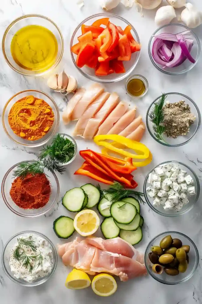 Roasted chicken and peppers with pita bread and sauce.