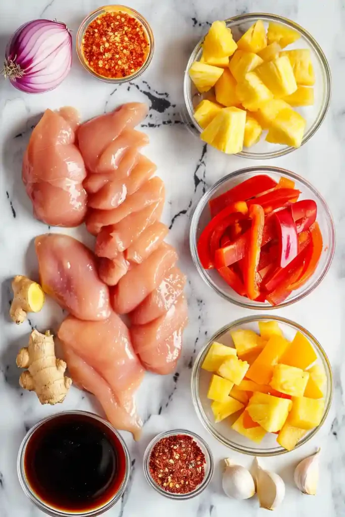 Sweet and savory baked Hawaiian chicken arranged on a sheet pan with roasted vegetables and fresh pineapple pieces. A simple and colorful weeknight meal.