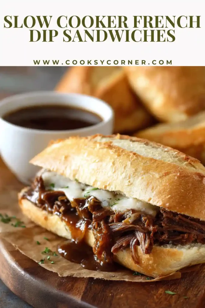 Shredded beef French dip sandwich served on toasted roll.