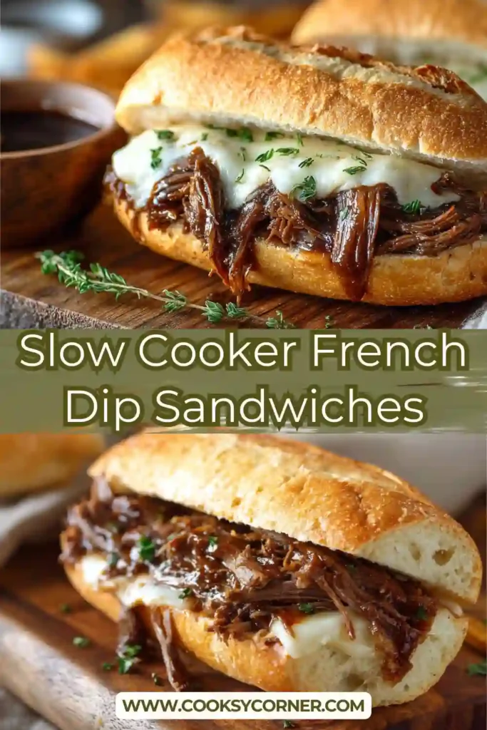Slow Cooker French Dip Sandwich with melted cheese and au jus dipping sauce.