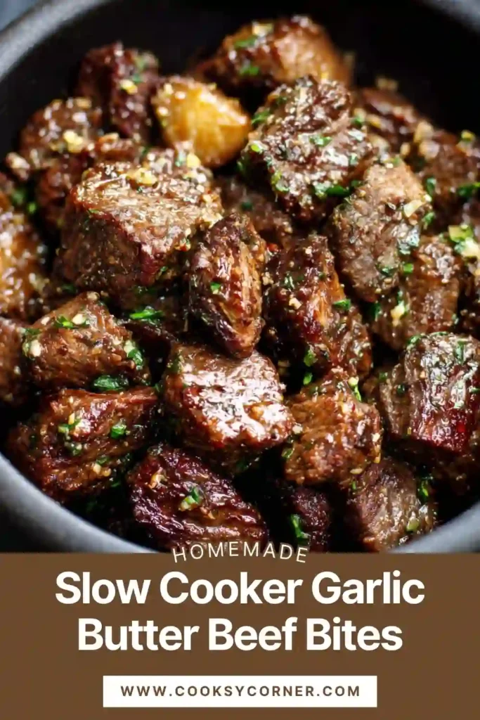 Close-up of slow cooker beef stew meat in buttery garlic sauce served with soft potatoes.